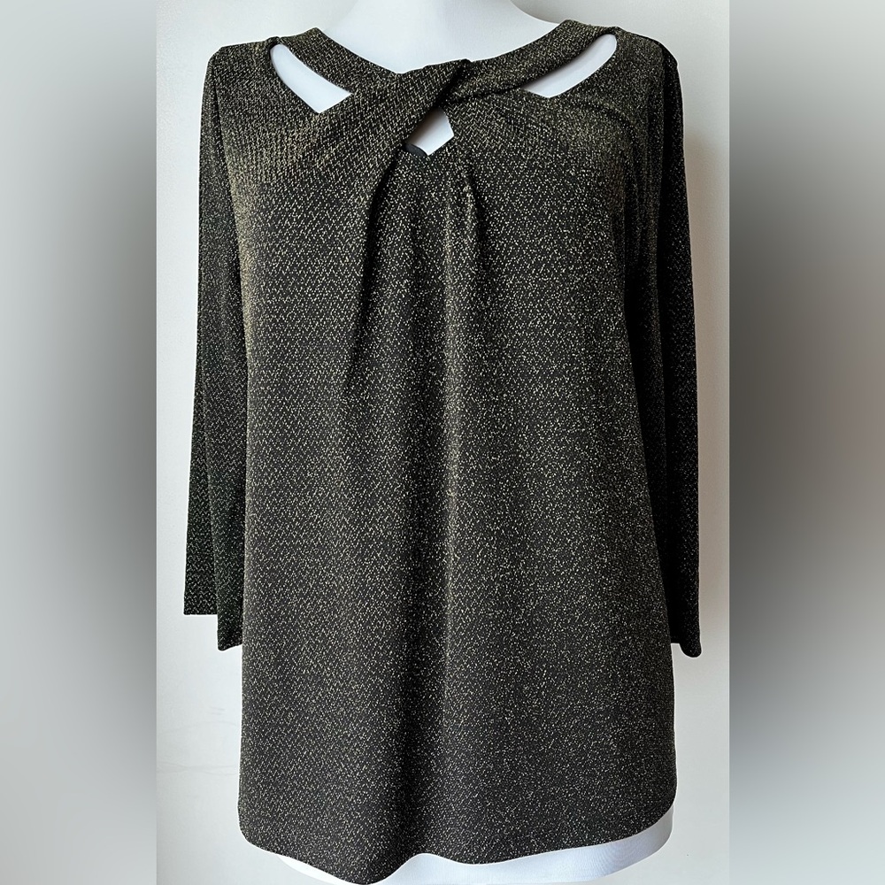 NWT Kasper Metallic Shimmer Black & Gold Petite Twist Neck Knit Top Size Med PM